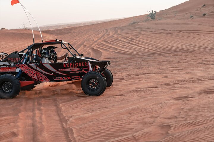 Experience the Mleiha Desert's unique landscapes as you navigate iconic landmarks in custom-built buggies uncovering ancient stories and fossils that connect you to Earth's distant past.